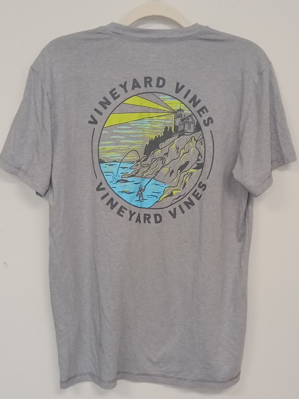 Vineyard Vines Men's Dunes Tee Gray Short Sleeve Fishing Lighthouse Outdoors M